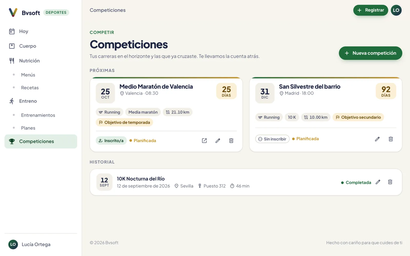 Próximas competiciones con los días que faltan e historial con el resultado de una 10K