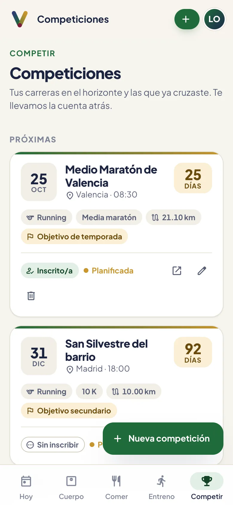 Competiciones con su cuenta atrás en el móvil