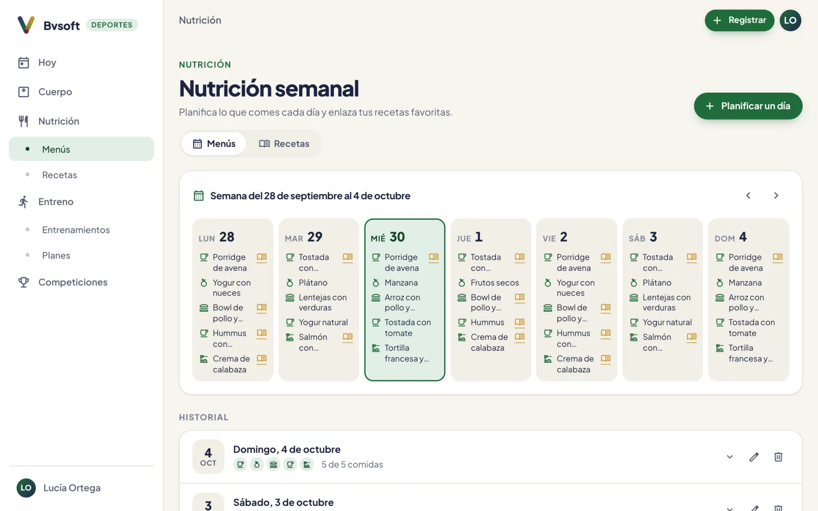 Calendario semanal de menús con las cinco comidas de cada día