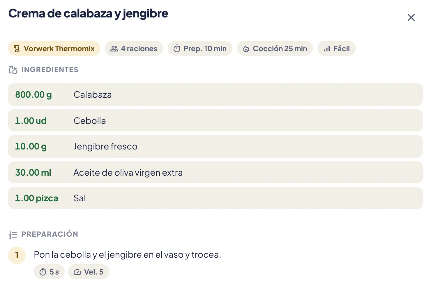Receta de crema de calabaza para Thermomix con sus ingredientes y el primer paso con tiempo y velocidad