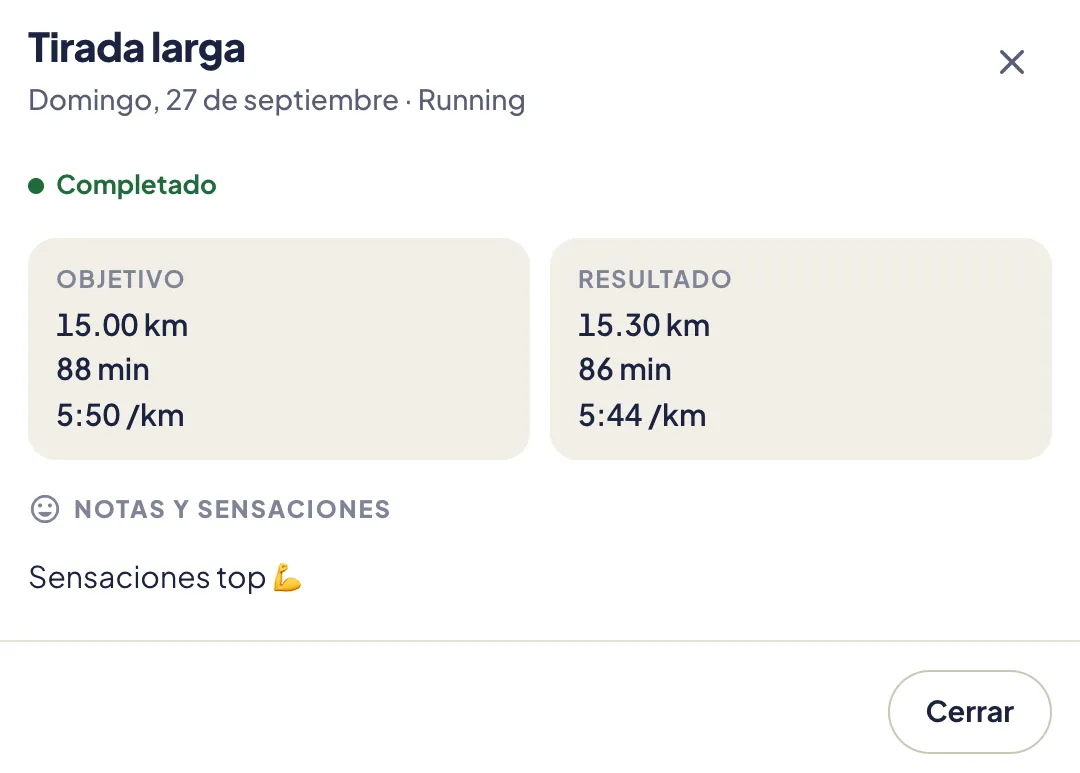 Detalle de una tirada larga: objetivo de 15 km frente a 15,3 km realizados y notas de la sesión