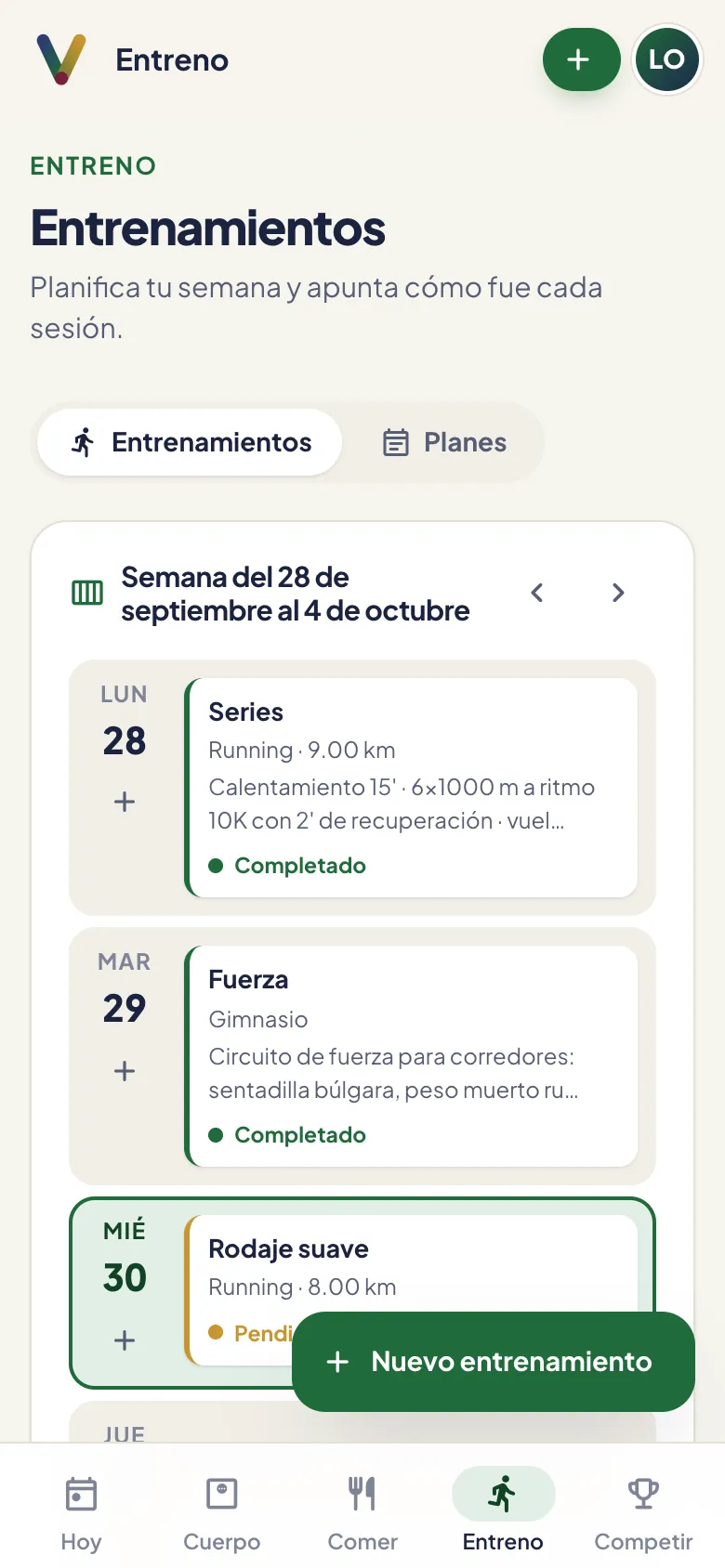 Planificador de entrenamientos en el móvil